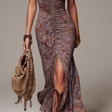 Graufioletter, plissierter Maxikleid mit floralem Druck und Schlitz