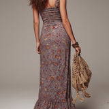 Graufioletter, plissierter Maxikleid mit floralem Druck und Schlitz