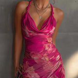Fuchsia Blumenmuster Ärmelloses Raffung Kleid mit Seitenschlitz