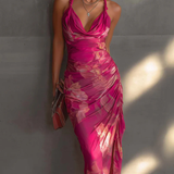 Fuchsia Blumenmuster Ärmelloses Raffung Kleid mit Seitenschlitz