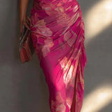 Fuchsia Blumenmuster Ärmelloses Raffung Kleid mit Seitenschlitz