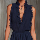 Marineblauer Rüschensaum Falten Chiffon Spitzen Jumpsuit