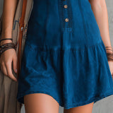Bohemian Indigo V-Ausschnitt Knopf-Down Ärmelloses Mini-Kleid