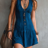 Bohemian Indigo V-Ausschnitt Knopf-Down Ärmelloses Mini-Kleid