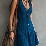 Bohemian Indigo V-Ausschnitt Knopf-Down Ärmelloses Mini-Kleid