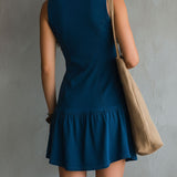 Bohemian Indigo V-Ausschnitt Knopf-Down Ärmelloses Mini-Kleid