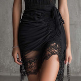 Schwarzes Chiffon Faltendes Taillen Mini-Kleid mit Spitzenbesatz