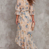 Beige Turtleneck Ölmalerei Blumenmuster Unregelmäßiges Chiffon Maxikleid