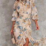 Beige Turtleneck Ölmalerei Blumenmuster Unregelmäßiges Chiffon Maxikleid