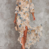 Beige Turtleneck Ölmalerei Blumenmuster Unregelmäßiges Chiffon Maxikleid