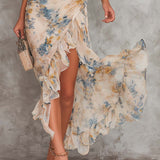 Beige Turtleneck Ölmalerei Blumenmuster Unregelmäßiges Chiffon Maxikleid