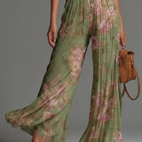 Grüner Floral V-Ausschnitt Ärmelloser Reißverschluss Faltenweiter Chiffon Jumpsuit
