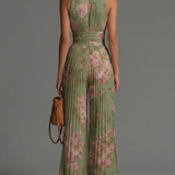Grüner Floral V-Ausschnitt Ärmelloser Reißverschluss Faltenweiter Chiffon Jumpsuit