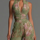 Grüner Floral V-Ausschnitt Ärmelloser Reißverschluss Faltenweiter Chiffon Jumpsuit