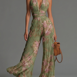 Grüner Floral V-Ausschnitt Ärmelloser Reißverschluss Faltenweiter Chiffon Jumpsuit