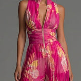 Fuchsia Blumenmuster Ärmelloses Reißverschluss Falten Weitbein Chiffon Jumpsuit