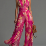 Fuchsia Blumenmuster Ärmelloses Reißverschluss Falten Weitbein Chiffon Jumpsuit