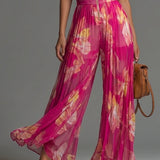 Fuchsia Blumenmuster Ärmelloses Reißverschluss Falten Weitbein Chiffon Jumpsuit