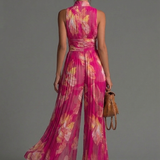 Fuchsia Blumenmuster Ärmelloses Reißverschluss Falten Weitbein Chiffon Jumpsuit