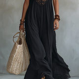 Bohemian Schwarzes Ärmelloses Maxikleid mit Spitzenbesatz