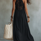 Bohemian Schwarzes Ärmelloses Maxikleid mit Spitzenbesatz