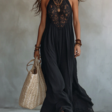 Bohemian Schwarzes Ärmelloses Maxikleid mit Spitzenbesatz
