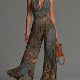 Bohemian Ethnischer Druck Ärmelloser Reißverschluss Plissierter Weitbein Chiffon Jumpsuit