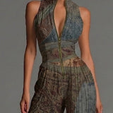 Bohemian Ethnischer Druck Ärmelloser Reißverschluss Plissierter Weitbein Chiffon Jumpsuit