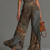 Bohemian Ethnischer Druck Ärmelloser Reißverschluss Plissierter Weitbein Chiffon Jumpsuit