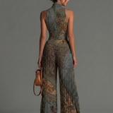 Bohemian Ethnischer Druck Ärmelloser Reißverschluss Plissierter Weitbein Chiffon Jumpsuit