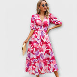 Abstraktes Maxi-Kleid mit Puffärmeln