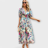 Robe maxi abstraite avec manches bouffantes