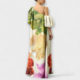 Skylar - Robe maxi à imprimé floral, décolleté asymétrique et manches bouffantes