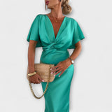 Sable - Robe Maxi Slim Fit en Satin à Encolure en V et Nœud Croisé