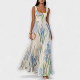 Rosalind | Robe Maxi en Chiffon Floral Plissé avec Ceinture à la Taille