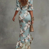 Grünes Floral Rüschenglockenärmel V-Ausschnitt Satin Asymmetrisches Maxikleid