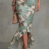 Grünes Floral Rüschenglockenärmel V-Ausschnitt Satin Asymmetrisches Maxikleid