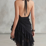 Schwarzes Neckholder-Spitzen-Rüschenshirt Mini-Kleid
