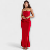 Robe maxi en satin sans épaules avec drapé