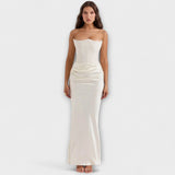 Robe maxi en satin sans épaules avec drapé