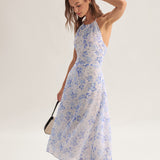 Clarice - Robe Midi Bleue Fleurie